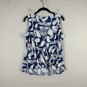 ariella | Navy and White Textured Paisley Crossover Front Blouse Size Large